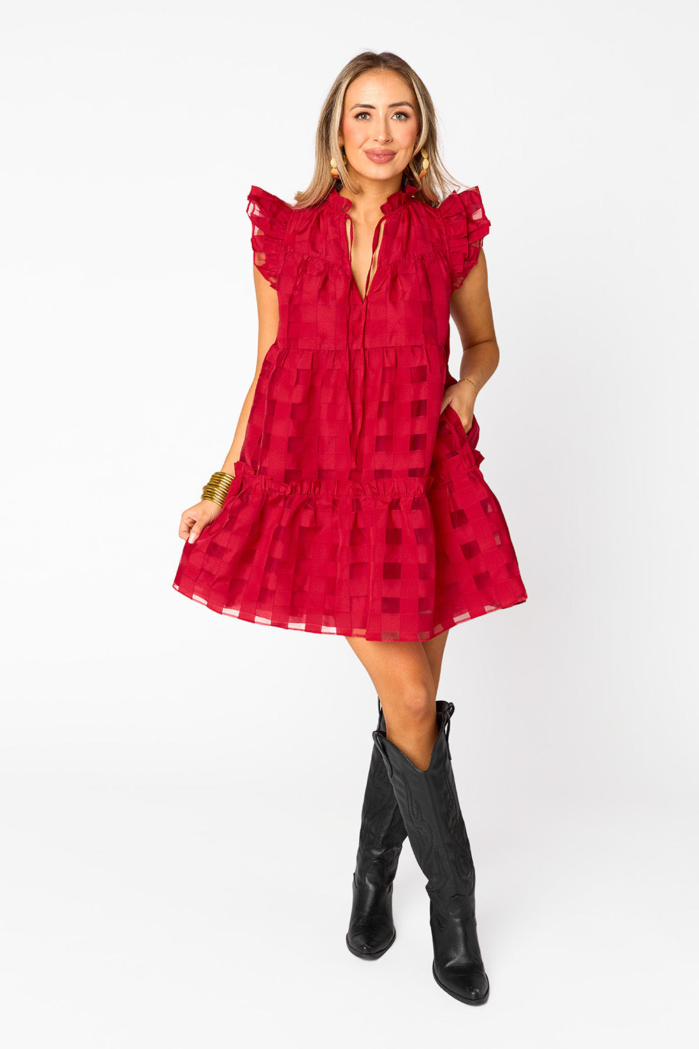 Aubrey Ruffle Shoulder Short Dress in Ruby