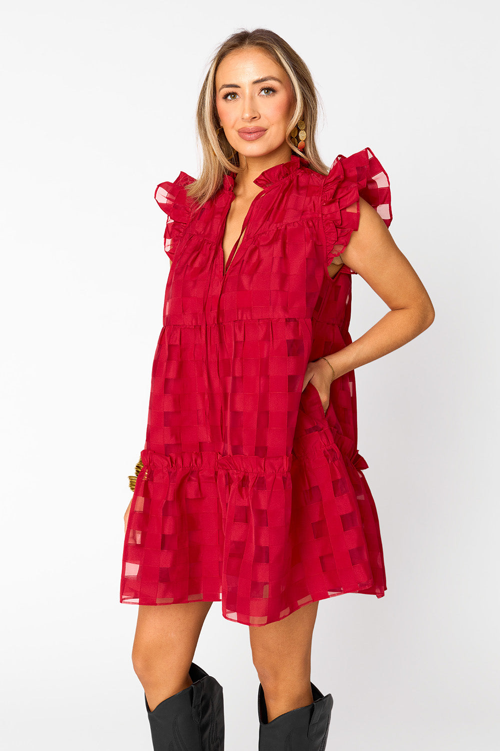 Aubrey Ruffle Shoulder Short Dress in Ruby