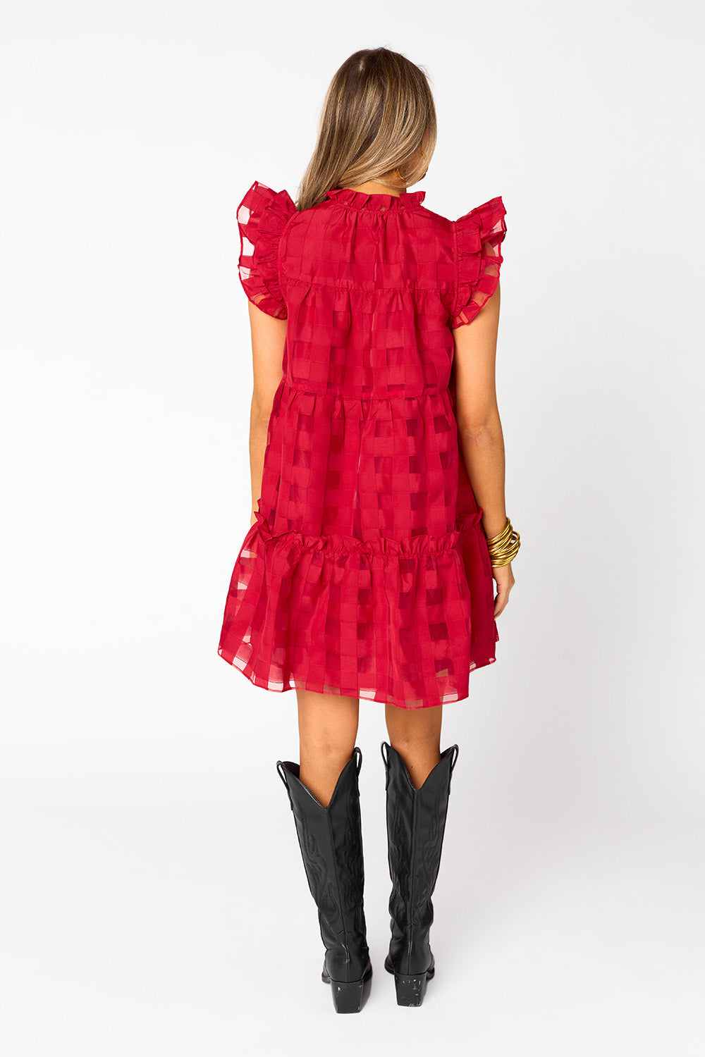 Aubrey Ruffle Shoulder Short Dress in Ruby