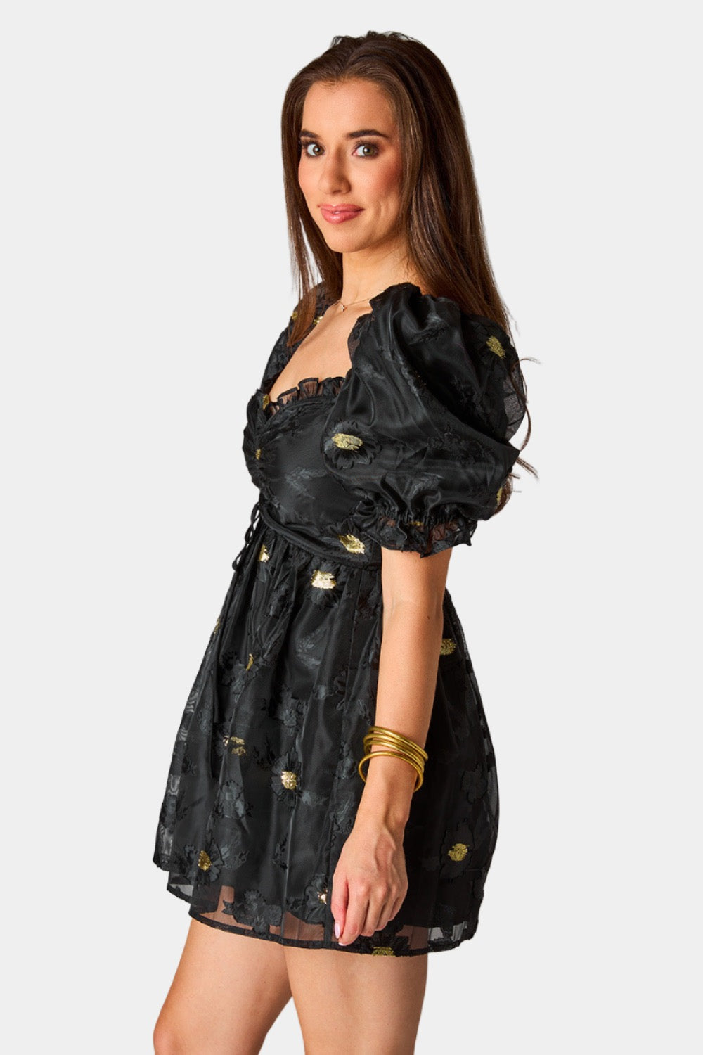 Colby Puff Sleeve Mini Dress in Black and Gold