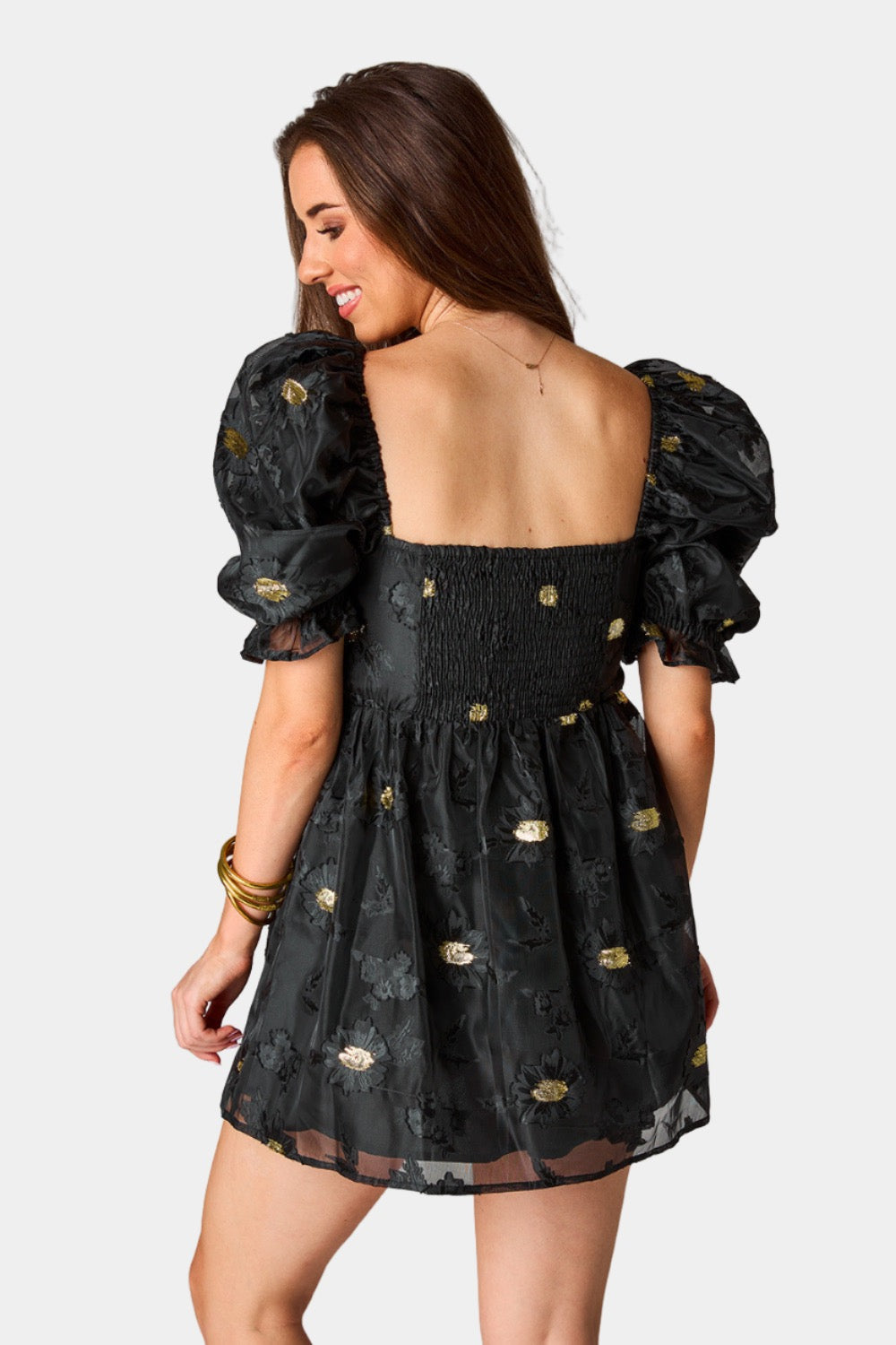 Colby Puff Sleeve Mini Dress in Black and Gold