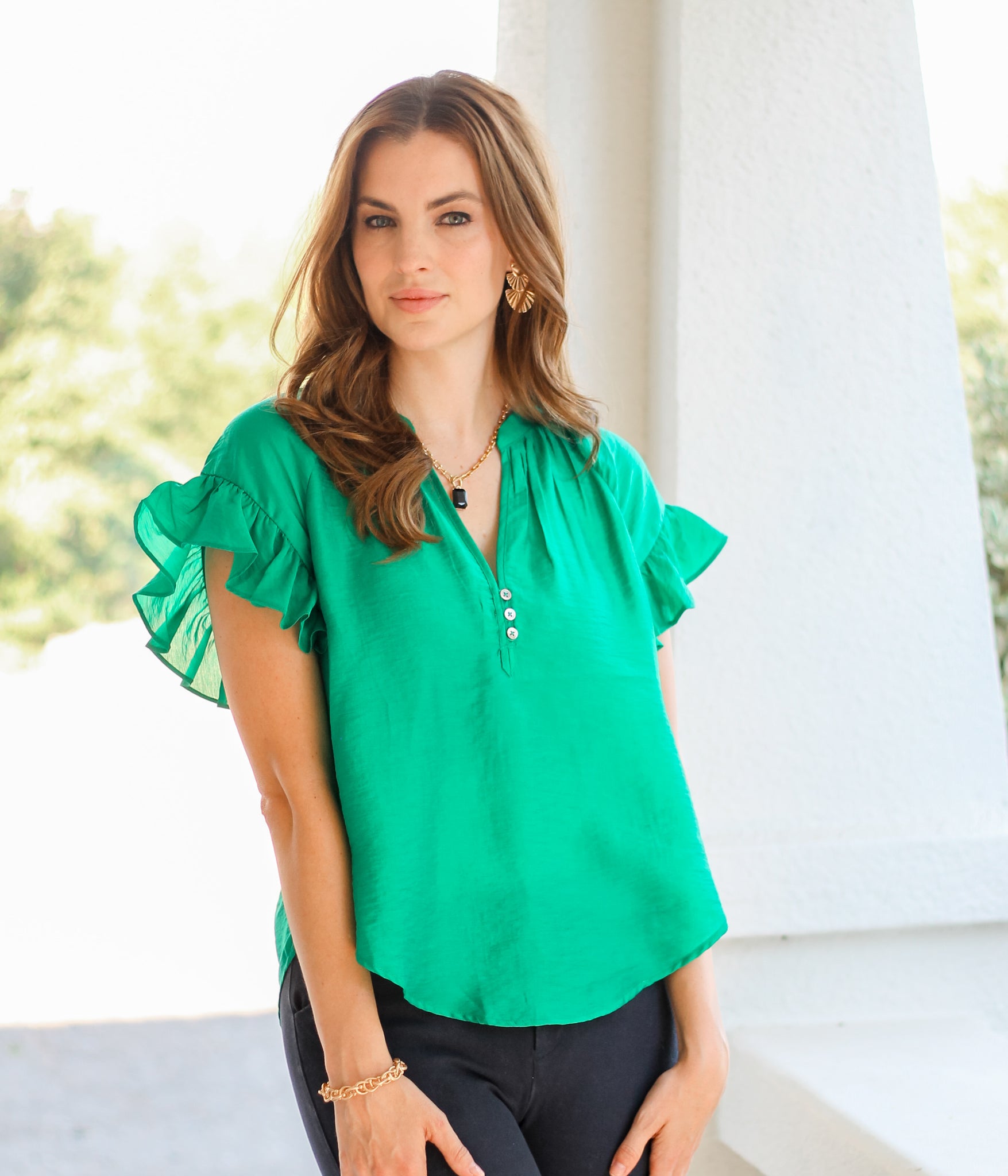 Emerald Green Ruffle Short Sleeve Top