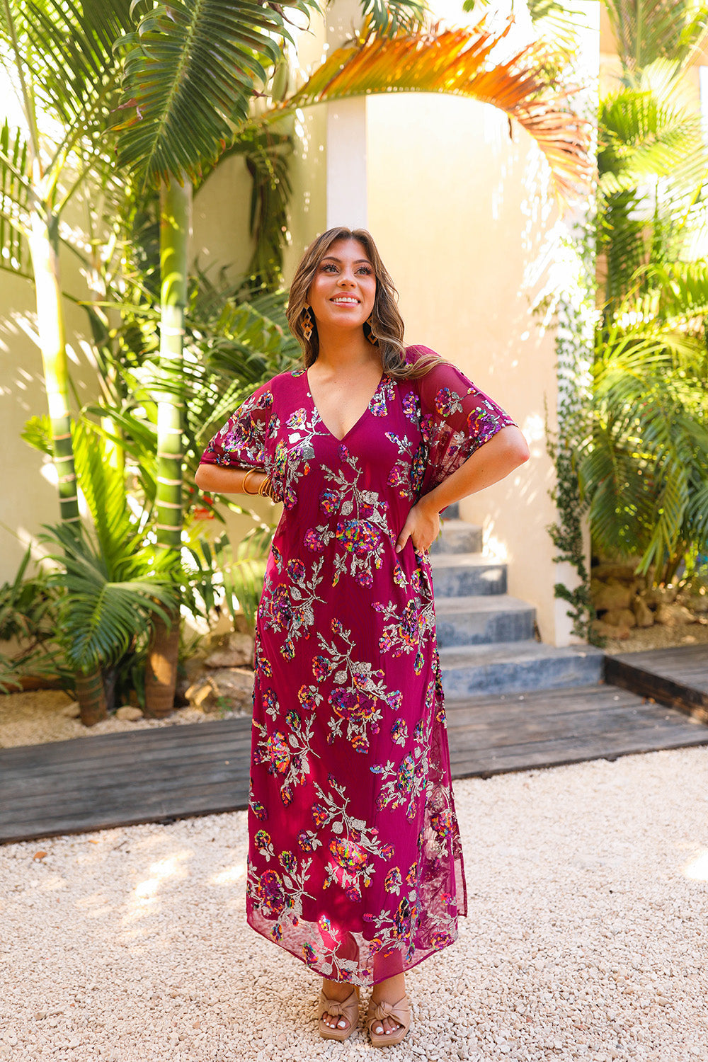 Atlas Sequin Caftan Maxi Dress in Red Sangria