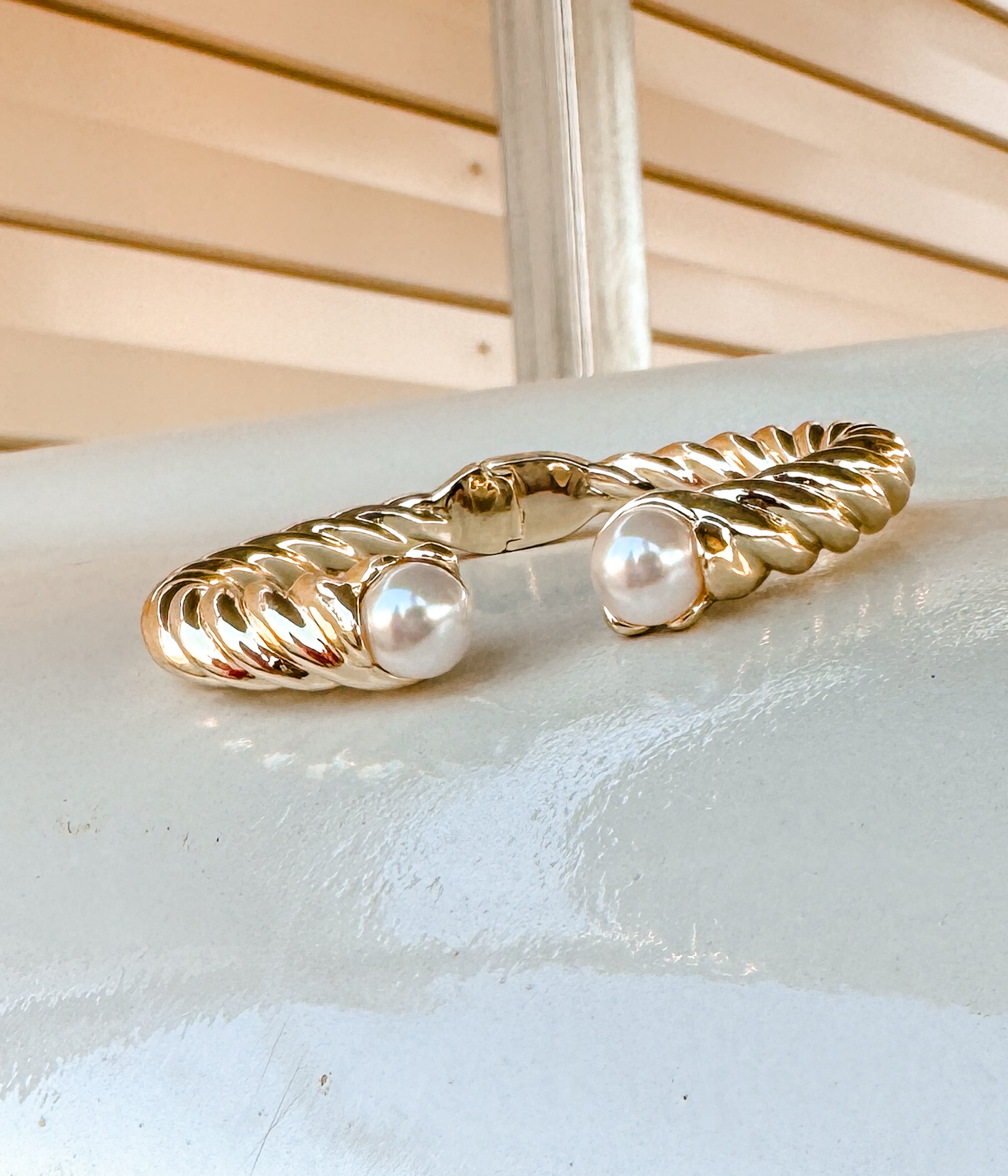 Twisted Gold Open Cuff with Pearl End