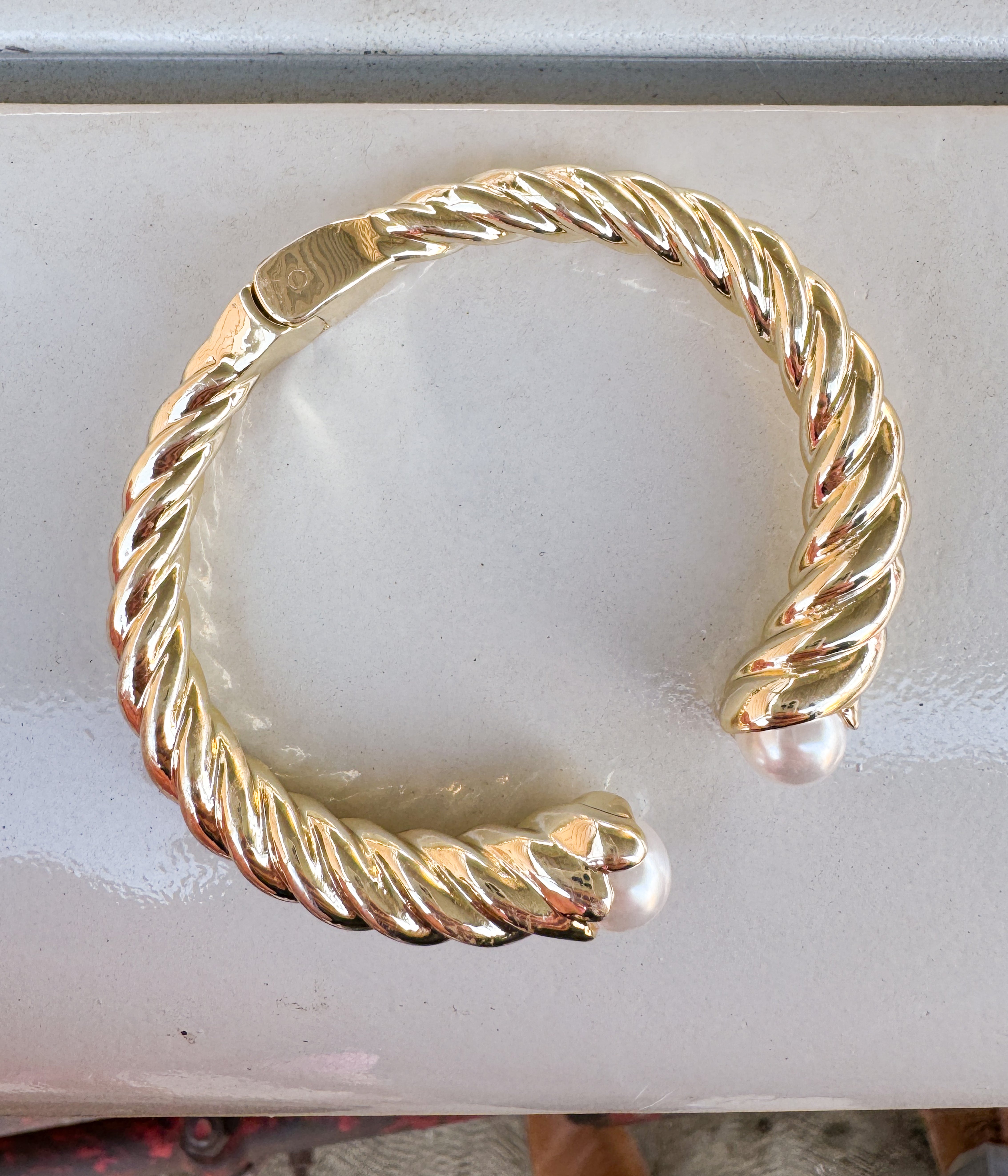 Twisted Gold Open Cuff with Pearl End