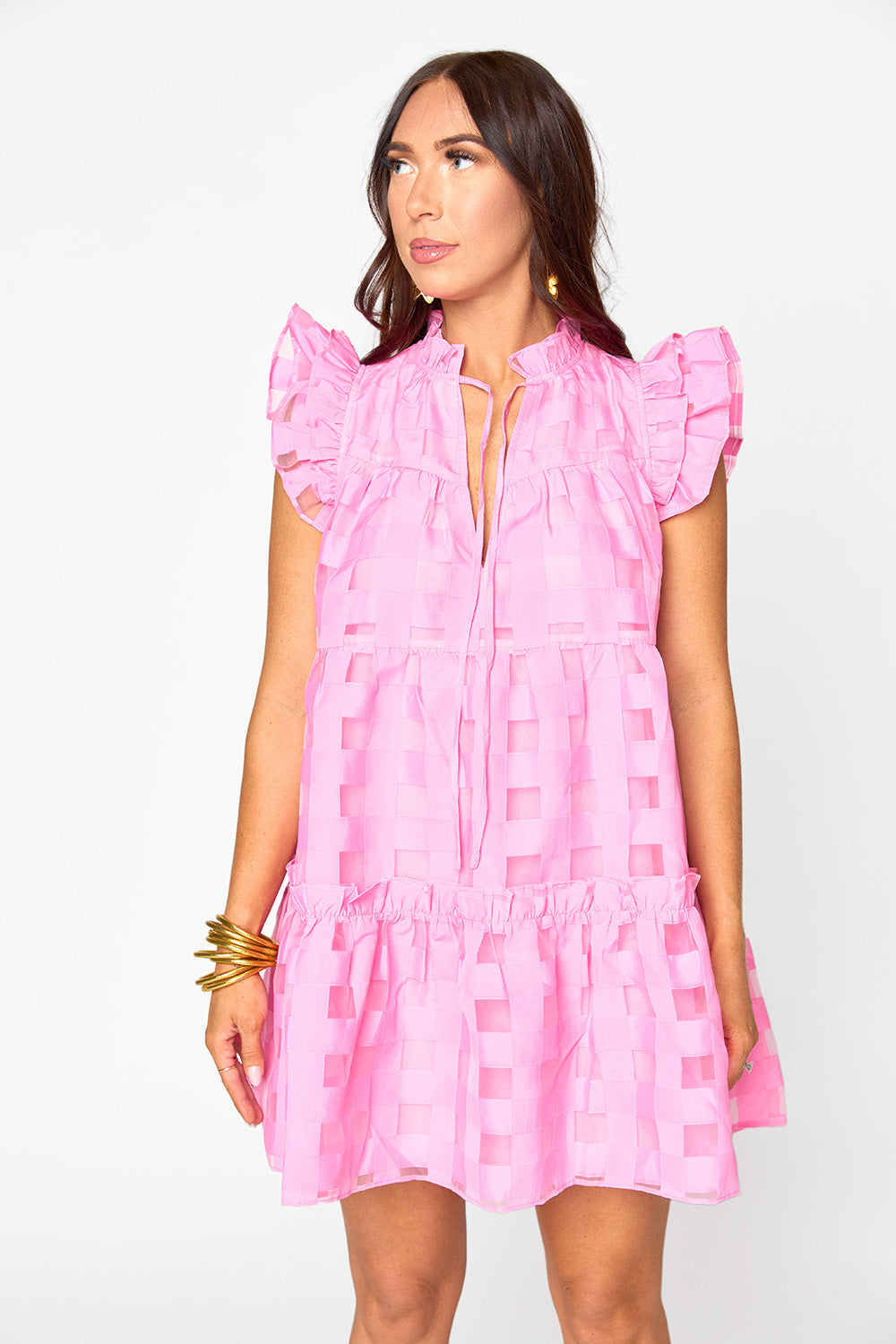 Aubrey Ruffle Shoulder Short Dress in Taffy