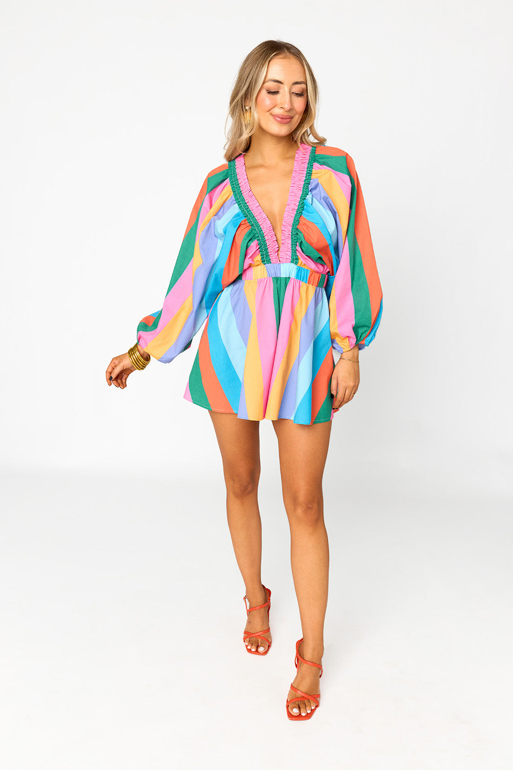 Palm Beach Plunge Neck Romper in Jelly Beans