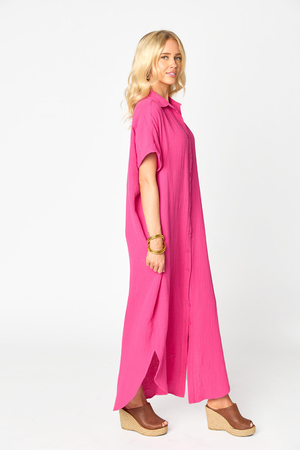 Carmen Cover Up Caftan Maxi Dress in Hot Pink