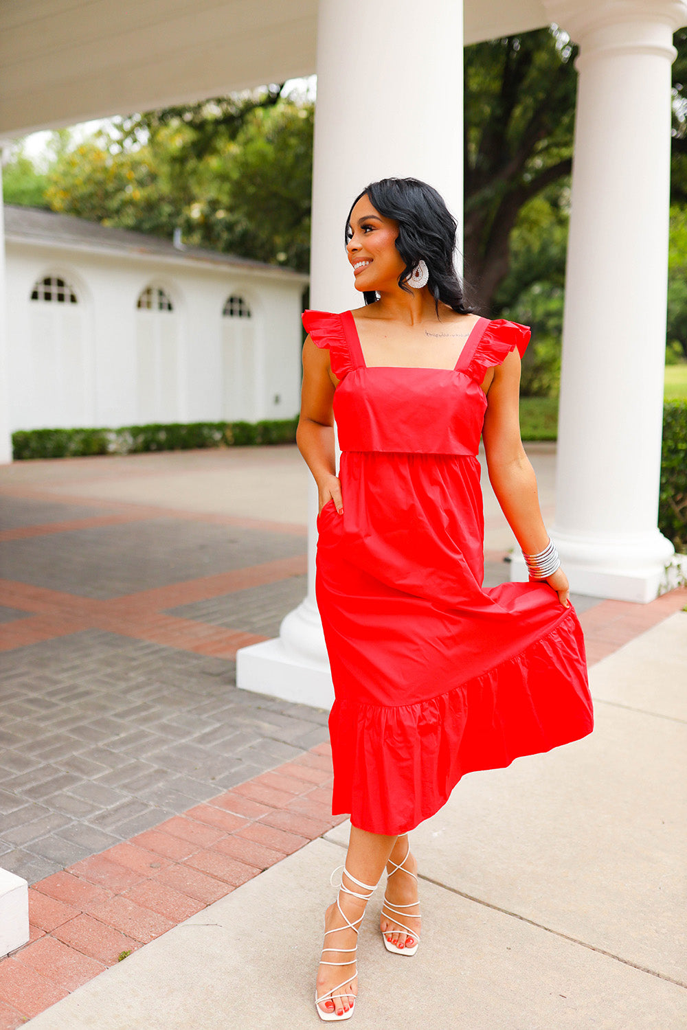 Beverly Ruffle Sleeve Midi Dress - Red