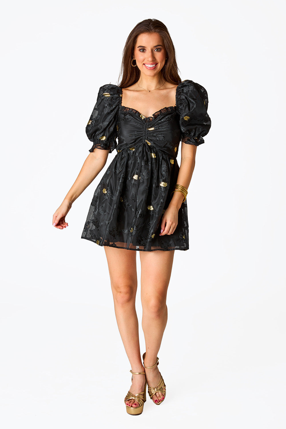 Colby Puff Sleeve Mini Dress in Black and Gold