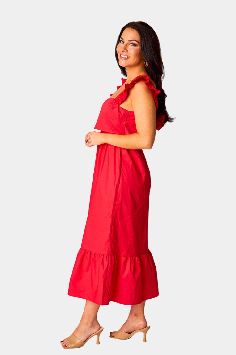 Beverly Ruffle Sleeve Midi Dress - Red