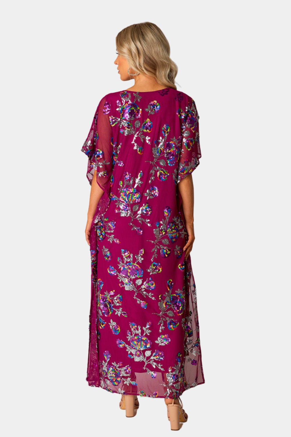 Atlas Sequin Caftan Maxi Dress in Red Sangria