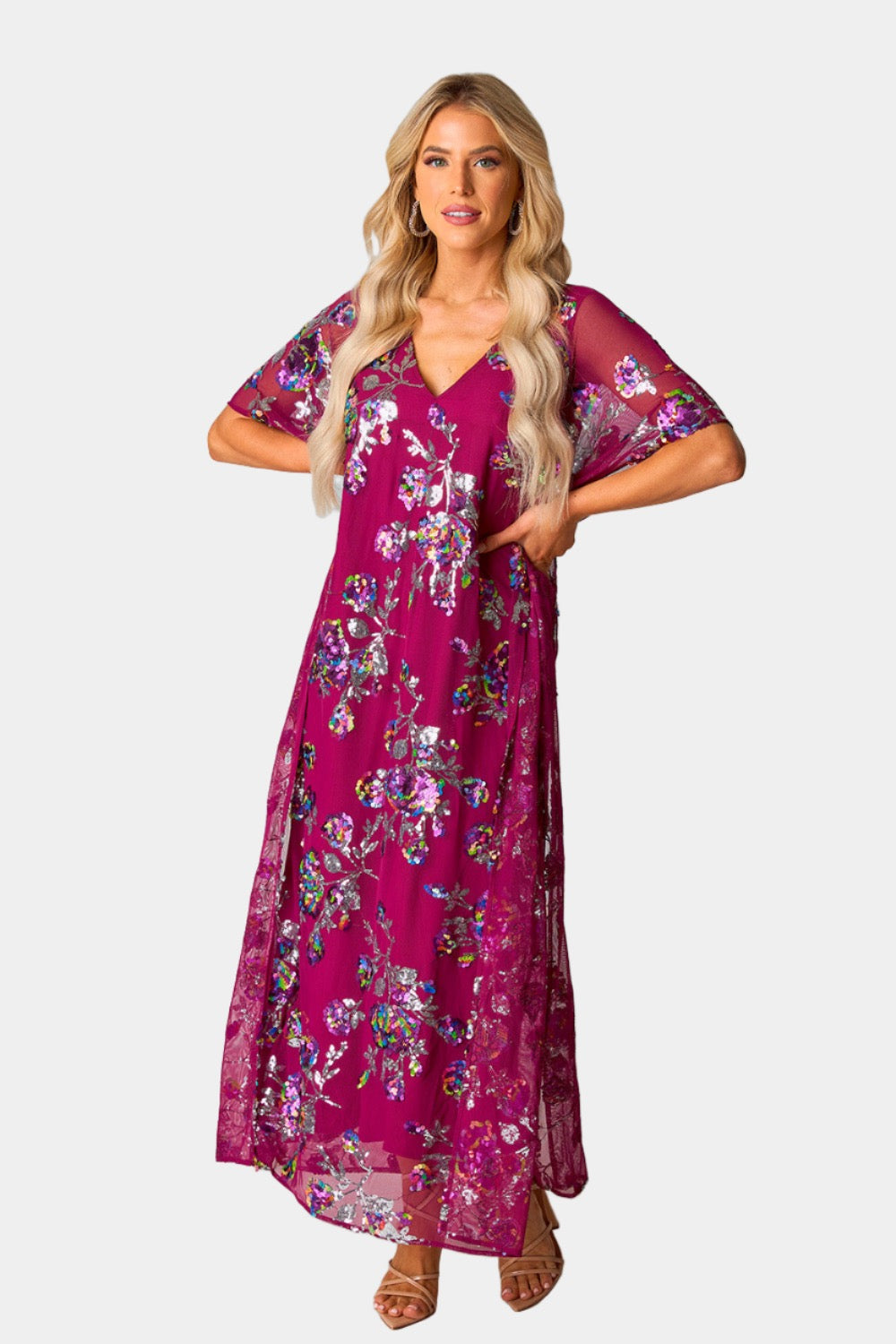 Atlas Sequin Caftan Maxi Dress in Red Sangria