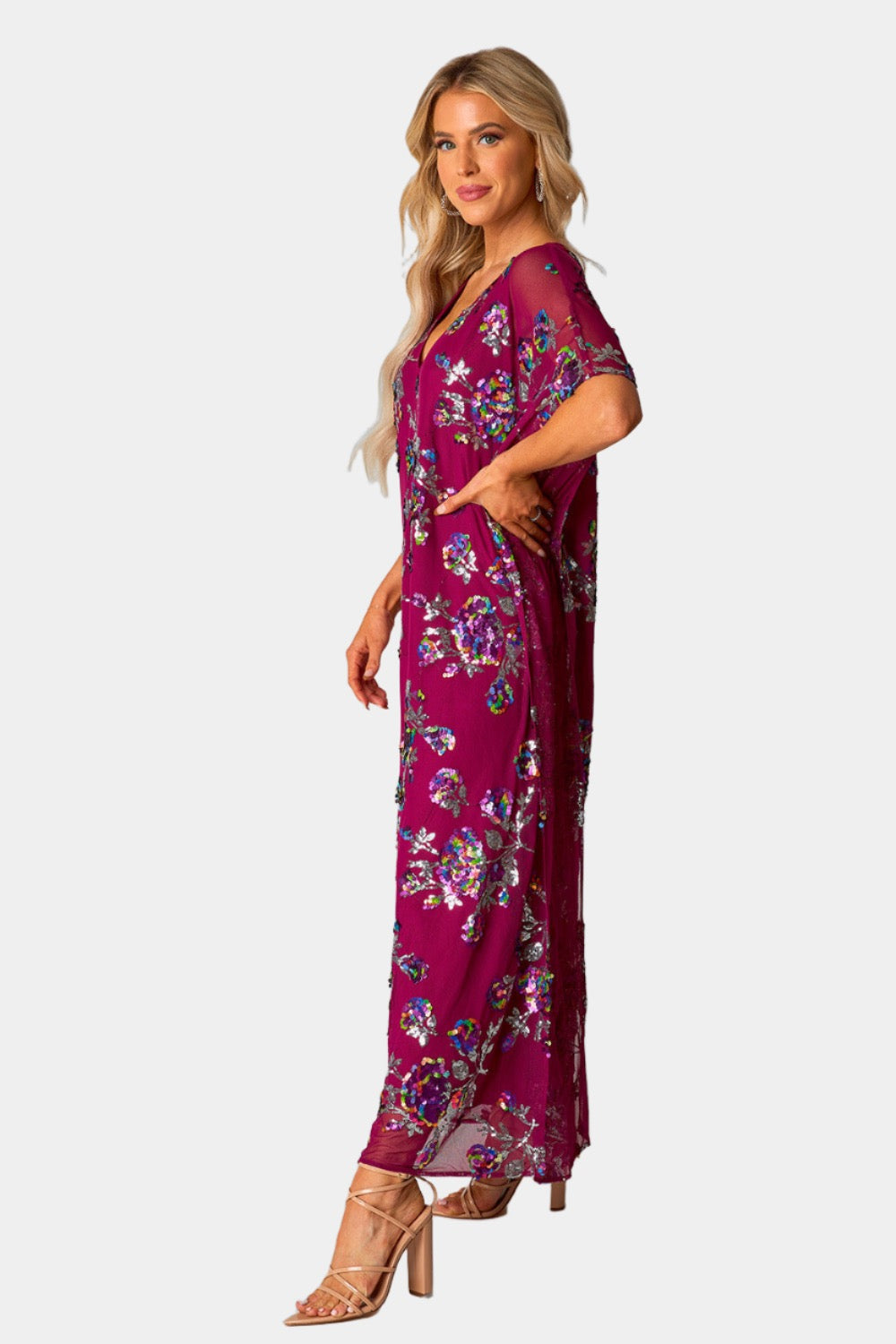 Atlas Sequin Caftan Maxi Dress in Red Sangria