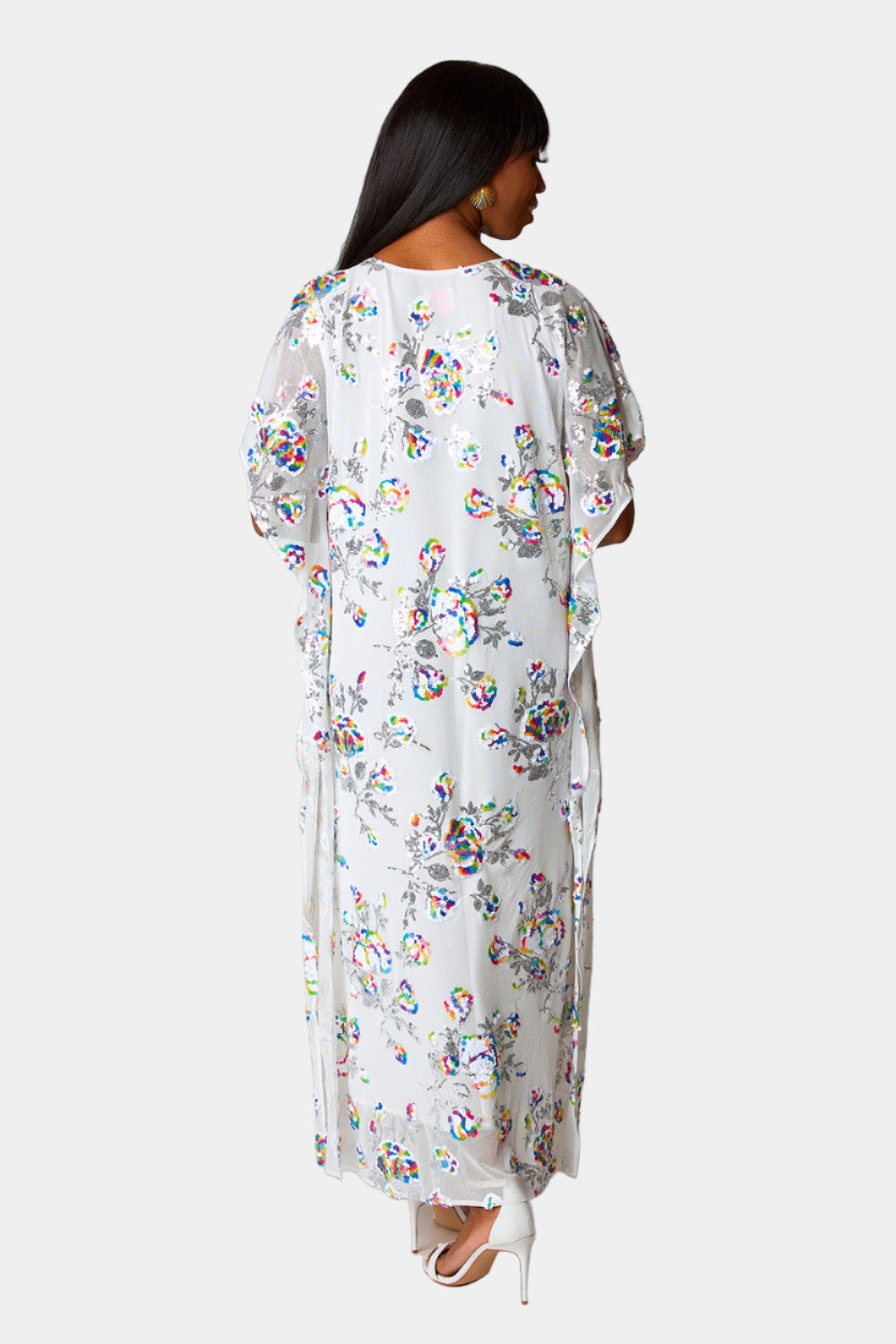 Atlas Sequin Caftan Maxi Dress in White Sangria