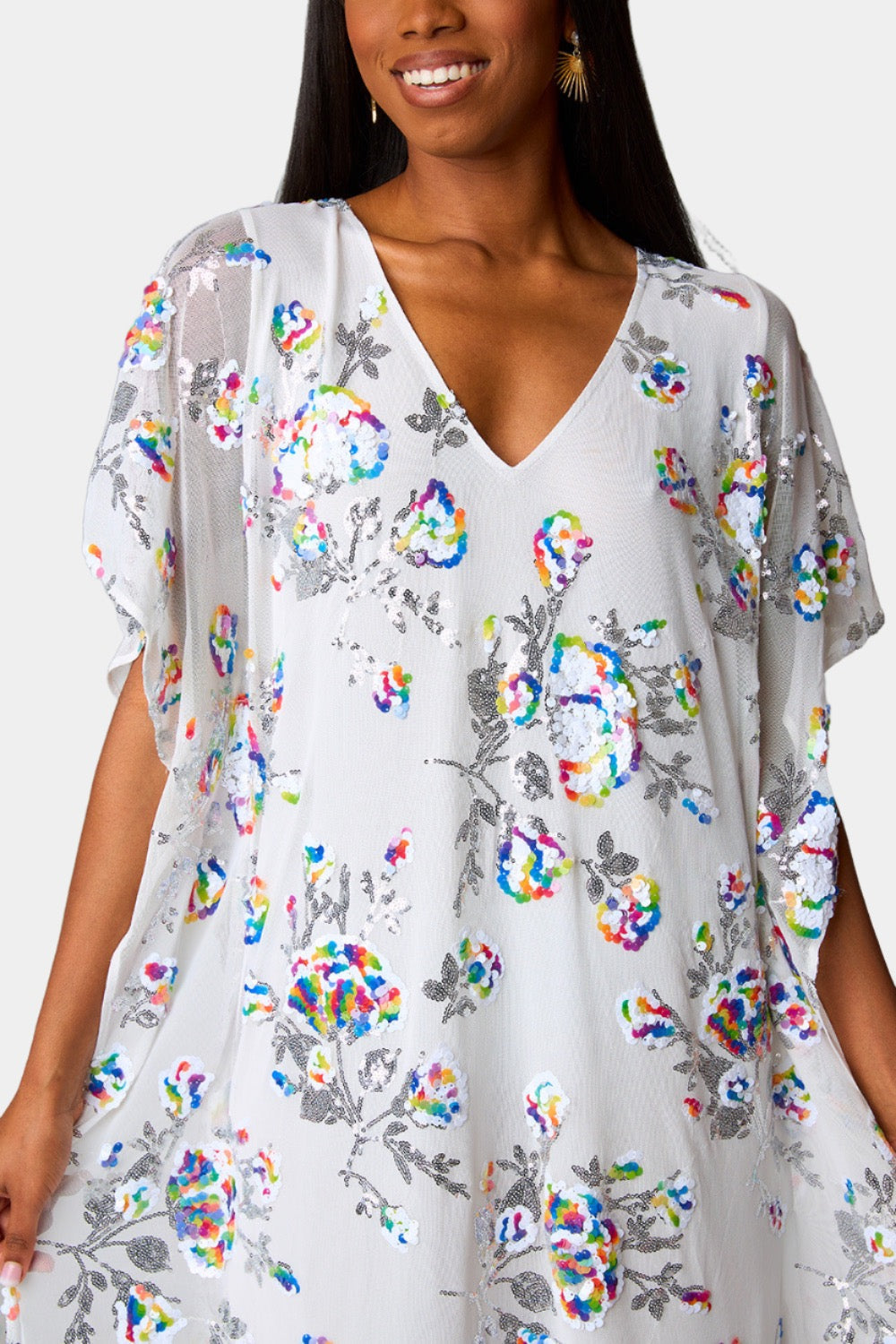 Atlas Sequin Caftan Maxi Dress in White Sangria