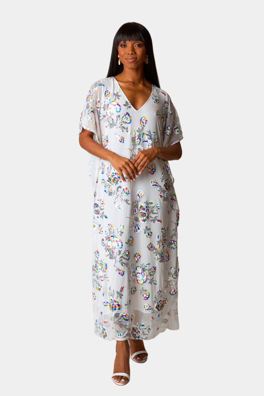 Atlas Sequin Caftan Maxi Dress in White Sangria