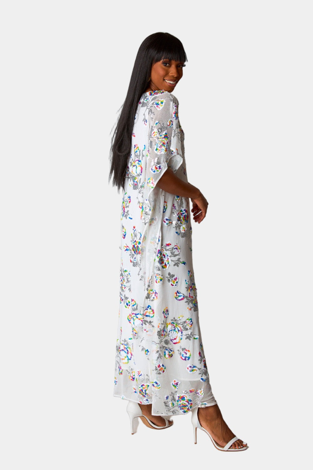 Atlas Sequin Caftan Maxi Dress in White Sangria