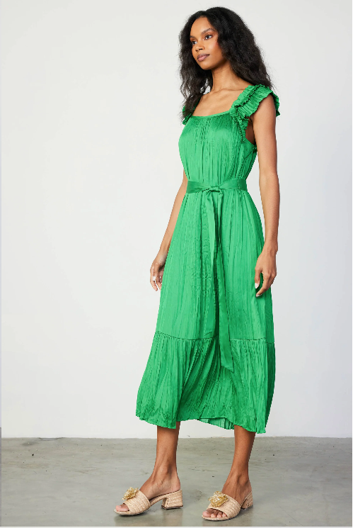 Crinkled Ruffled Shoulder Midi Dress in Emerald Green