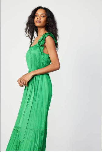 Crinkled Ruffled Shoulder Midi Dress in Emerald Green