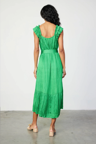 Crinkled Ruffled Shoulder Midi Dress in Emerald Green