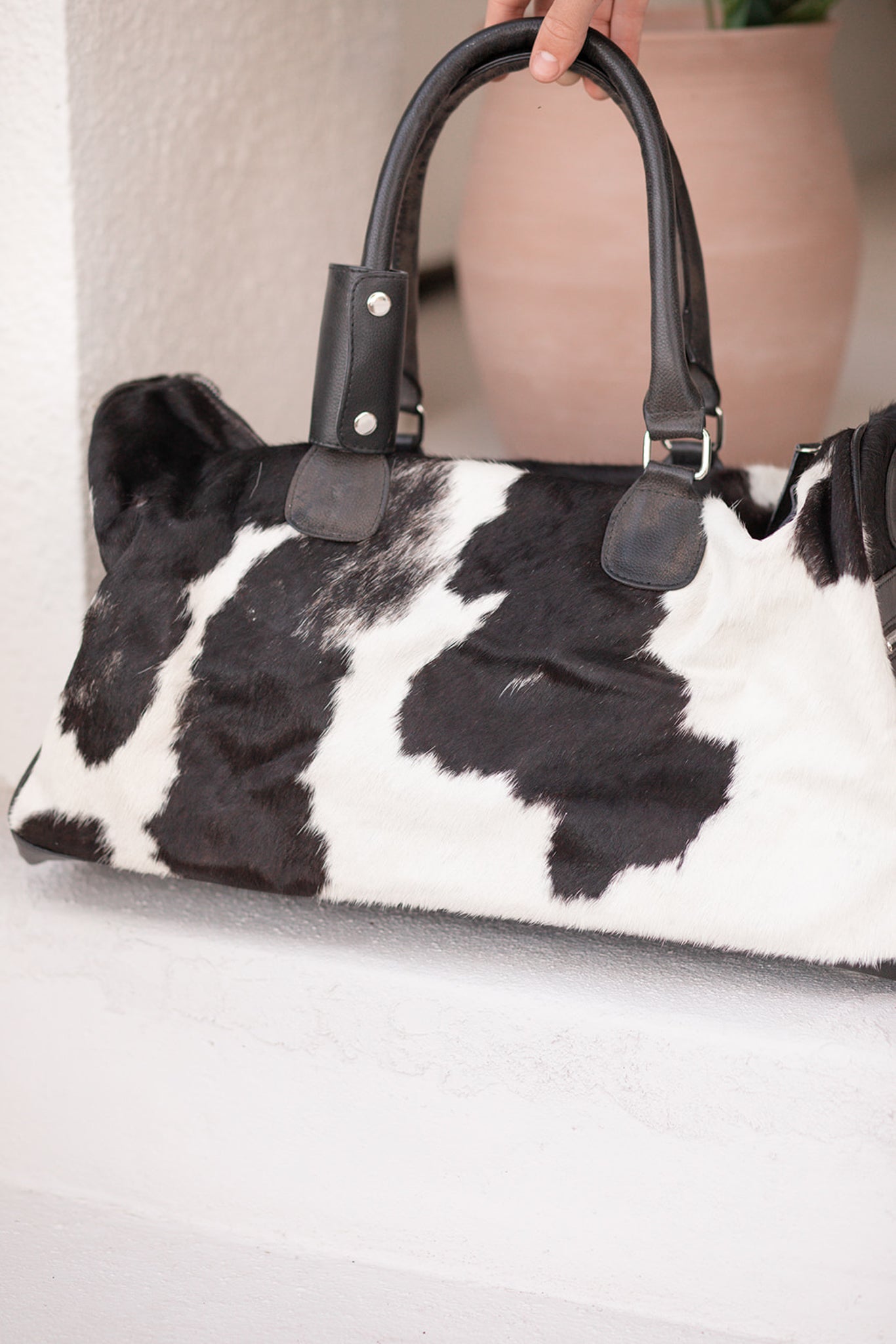 Black and White Genuine Cowhide Duffle Bag 