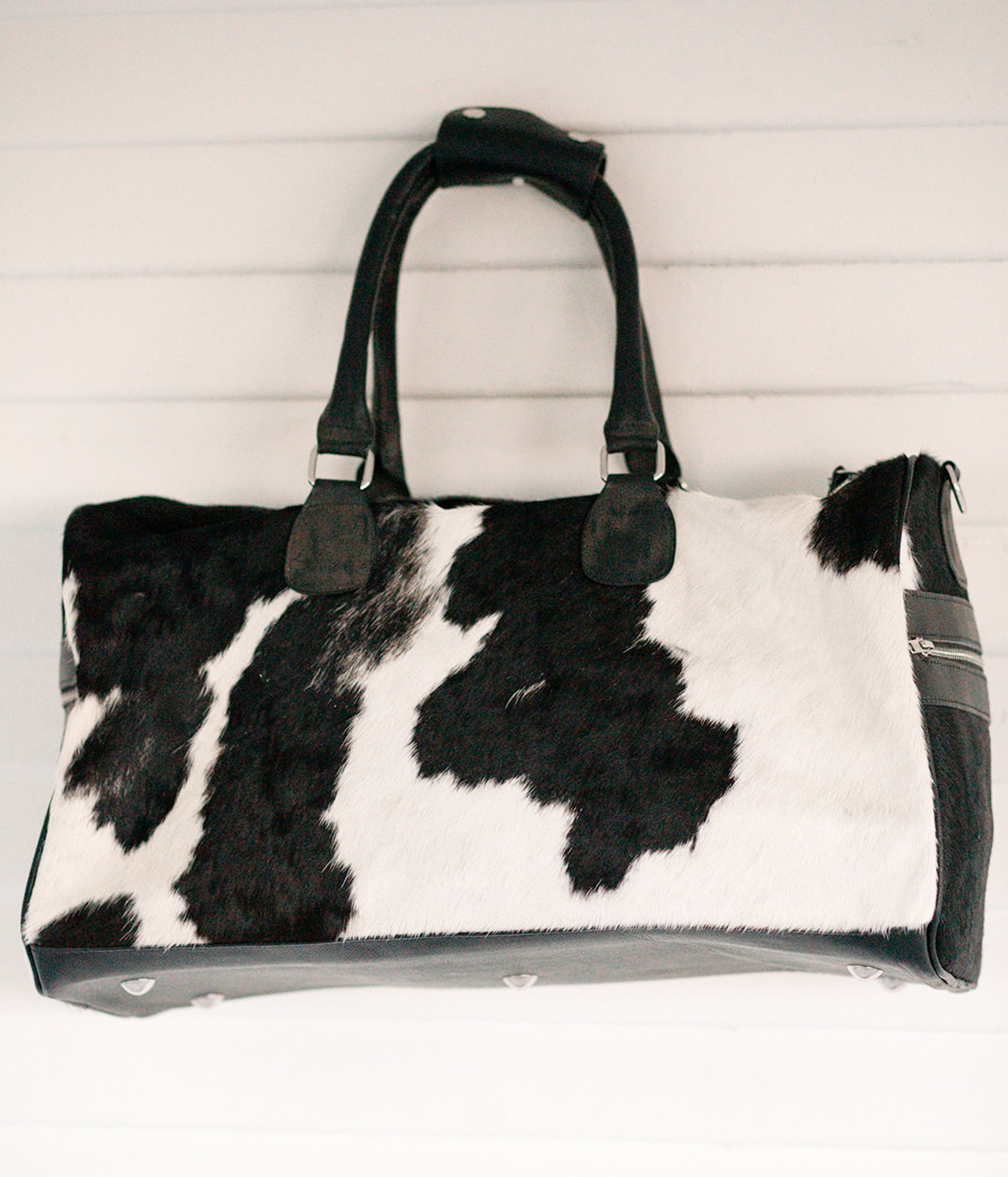 Black and White Cowhide Duffle Bag