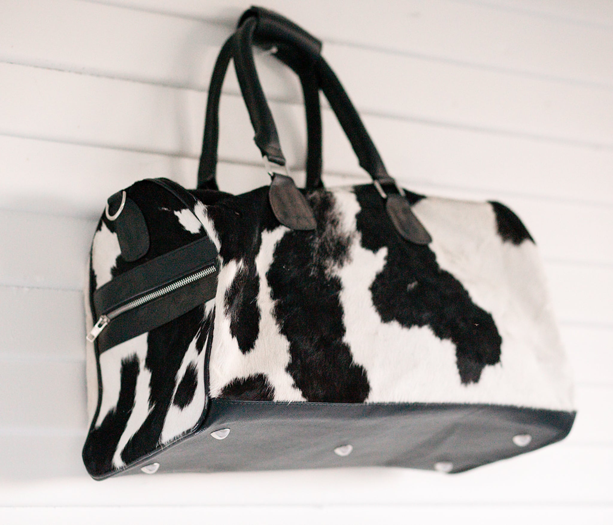 Black and White Cowhide Duffle Bag