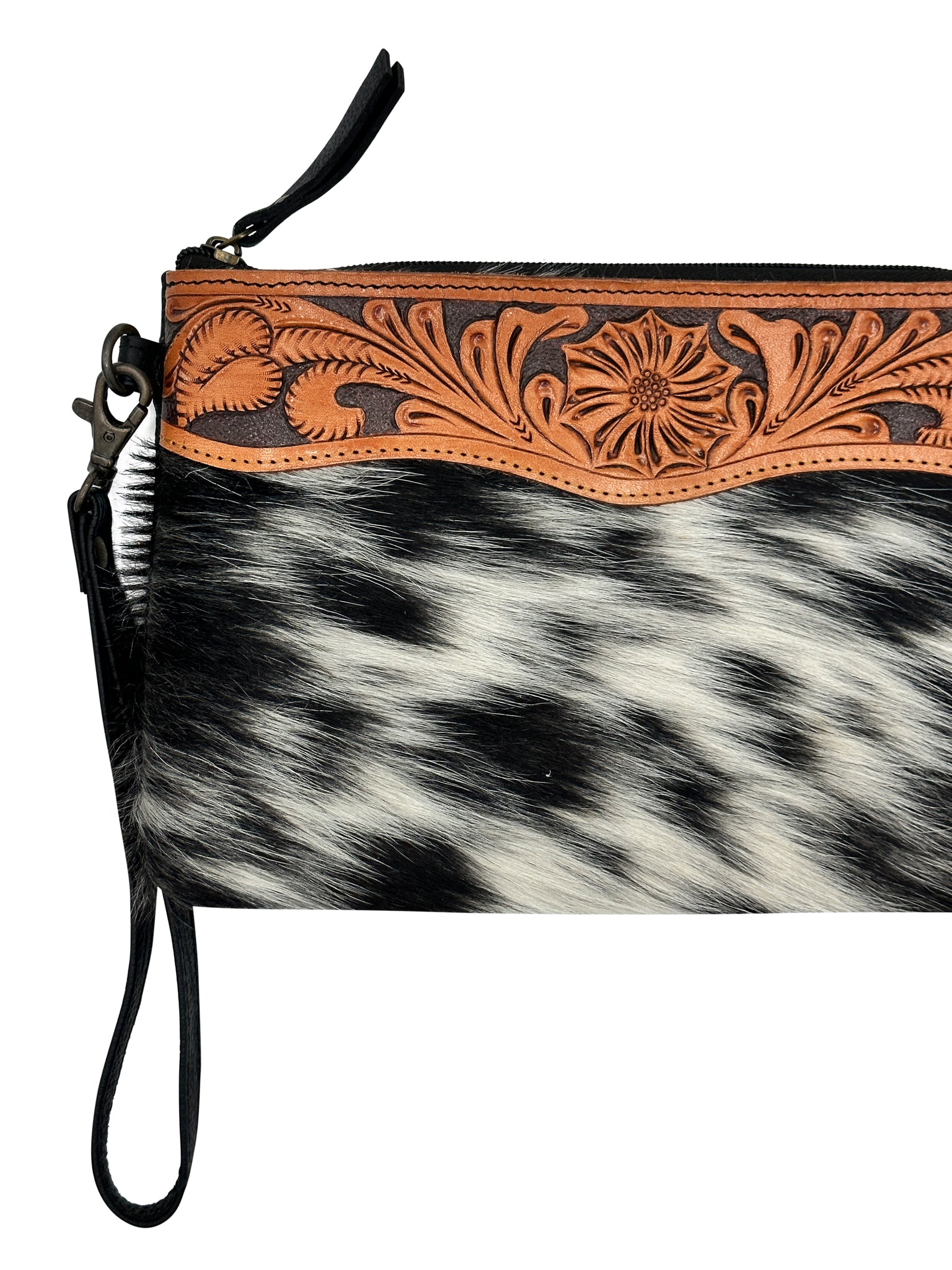 Black and White Cowhide Wristlet with Tooled Leather