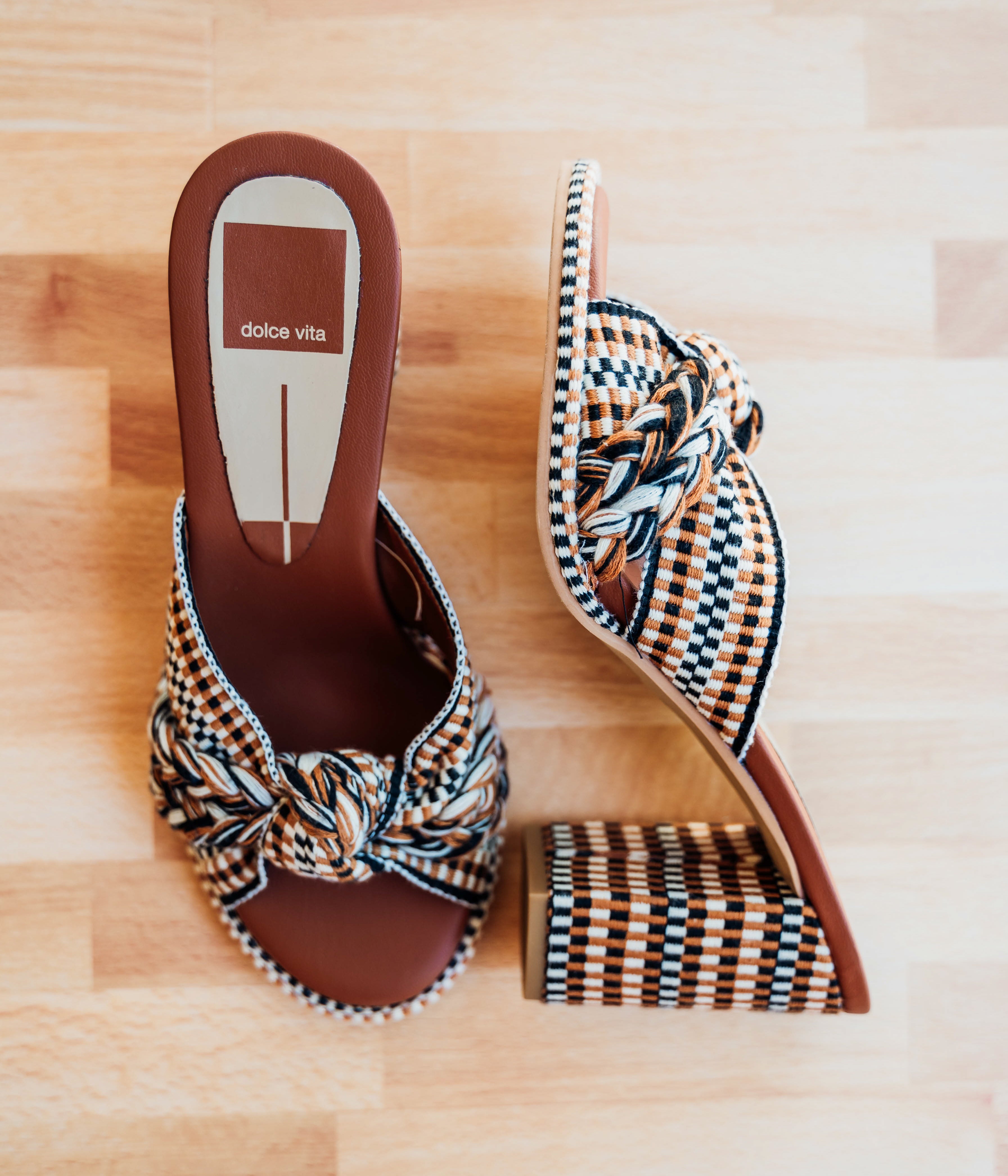 Brilah Woven Heeled Sanals in Tan Multi