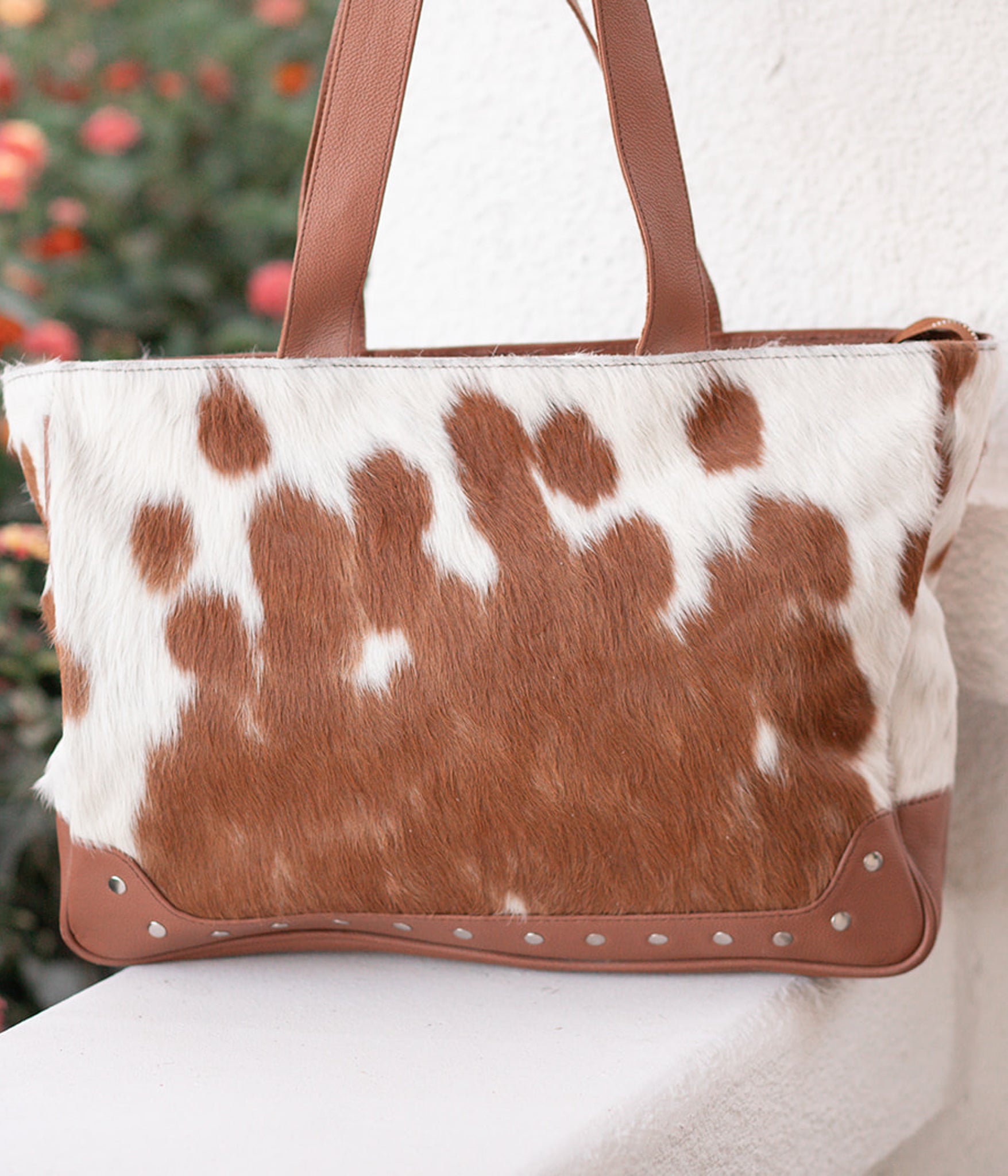 Brown and White Genuine Leather Cowhide Purse Tote Bag