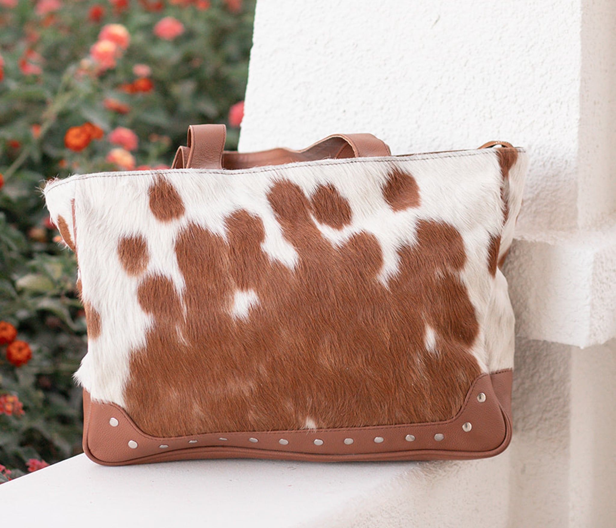 Brown and White Genuine Leather Cowhide Purse Tote Bag