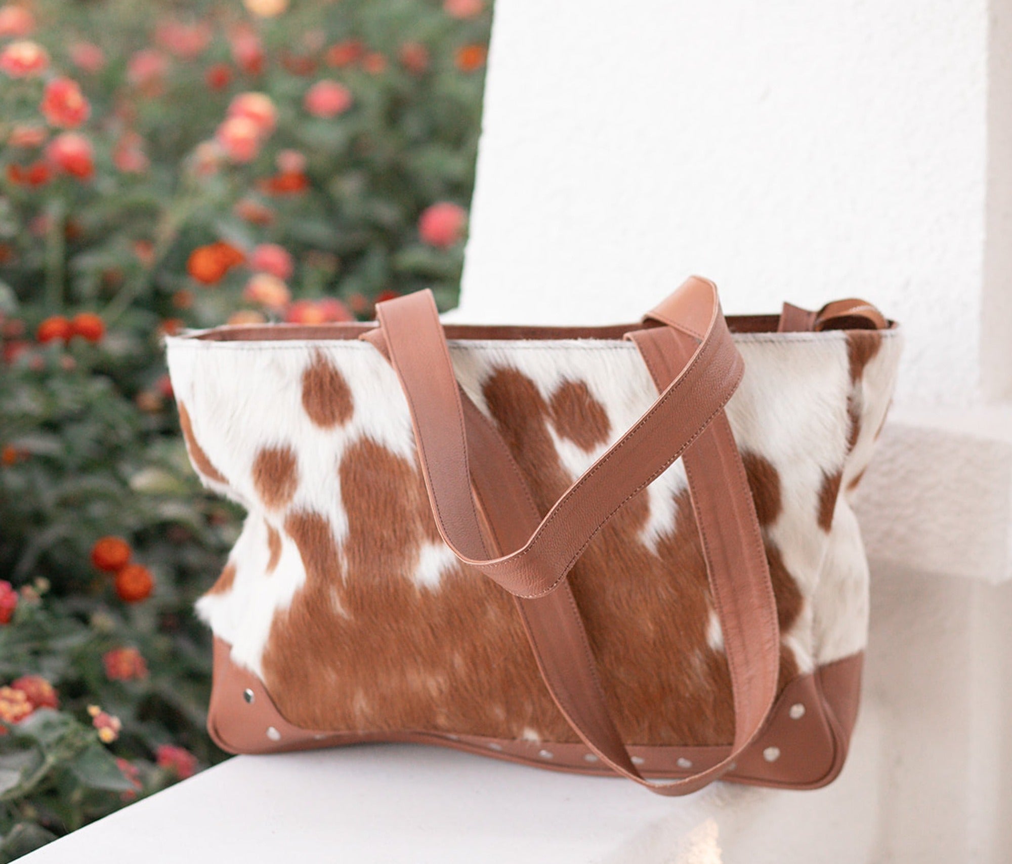 Brown and White Genuine Leather Cowhide Purse Tote Bag