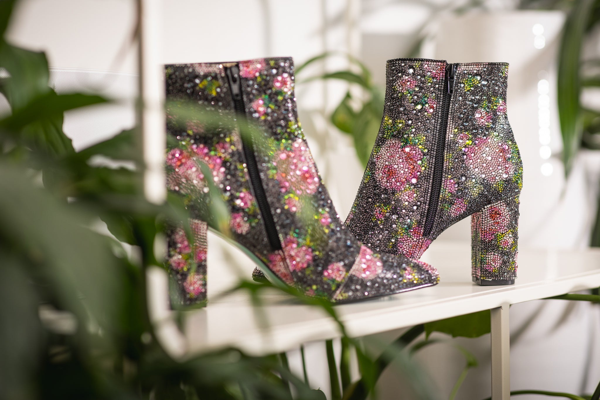 Cady Rhinestone Bootie in Black Floral