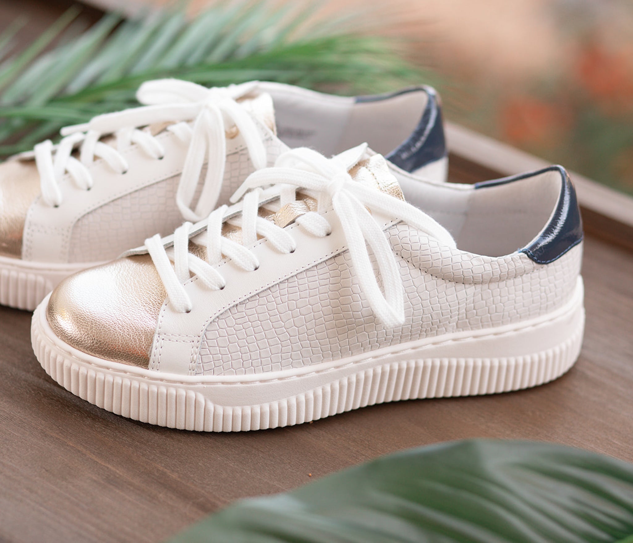 Platino Fianna Sneakers in White Croc and Gold