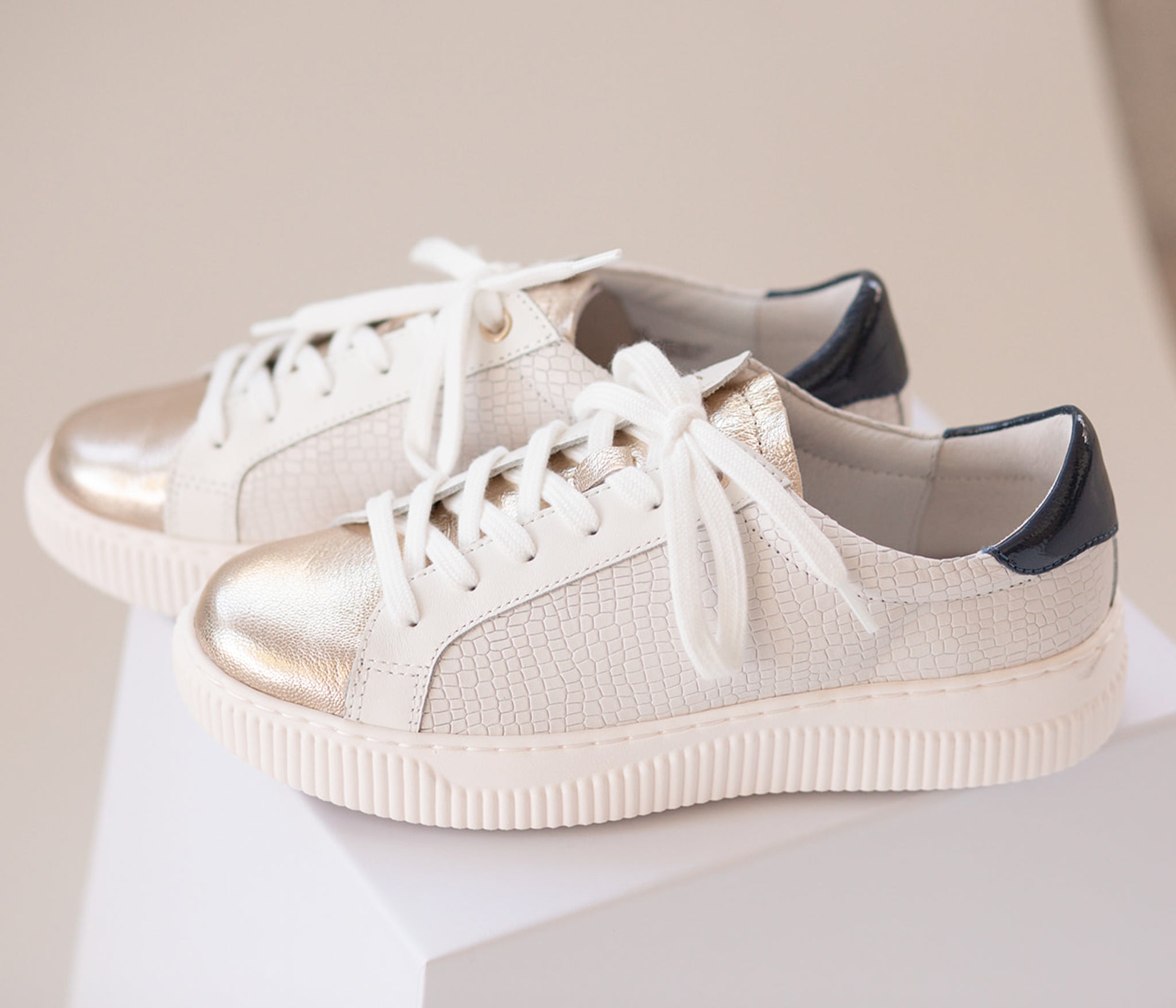 Platino Fianna Sneakers in White Croc and Gold