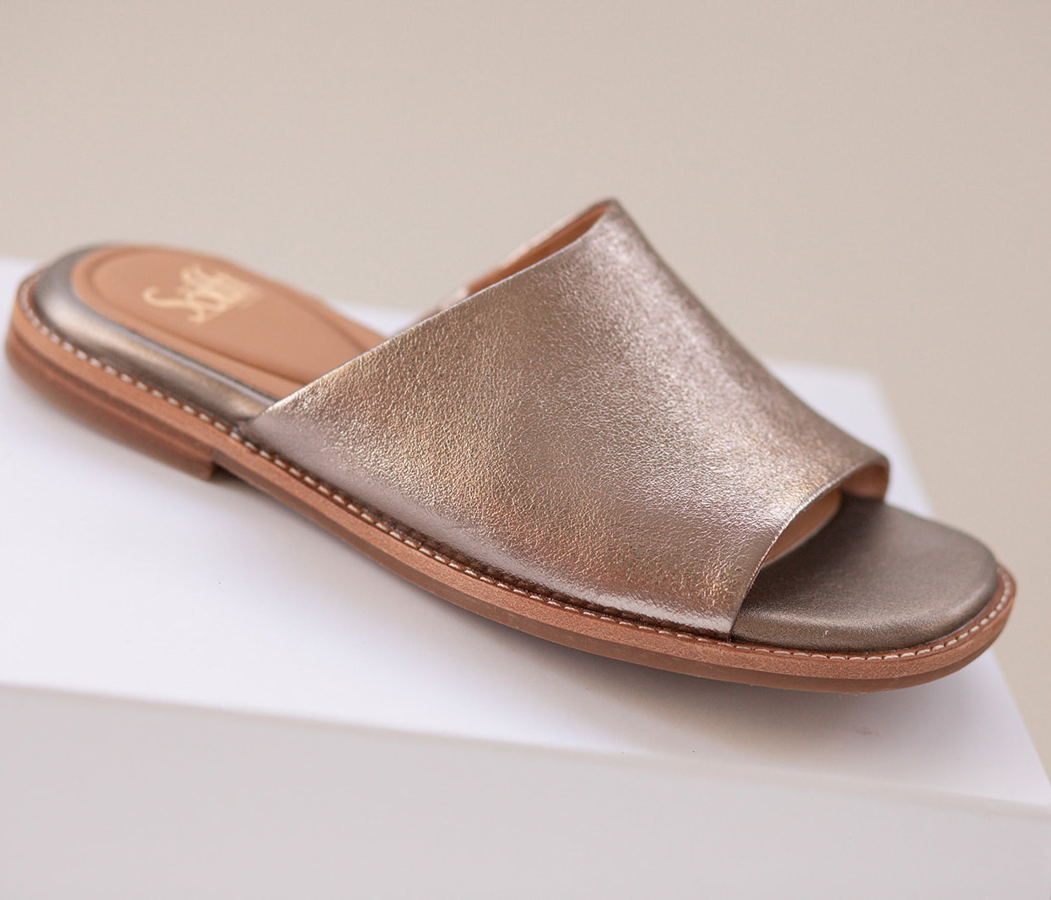 Noble Italian Leather Slide Sandals in Silver Bronze by Sofft Shoes