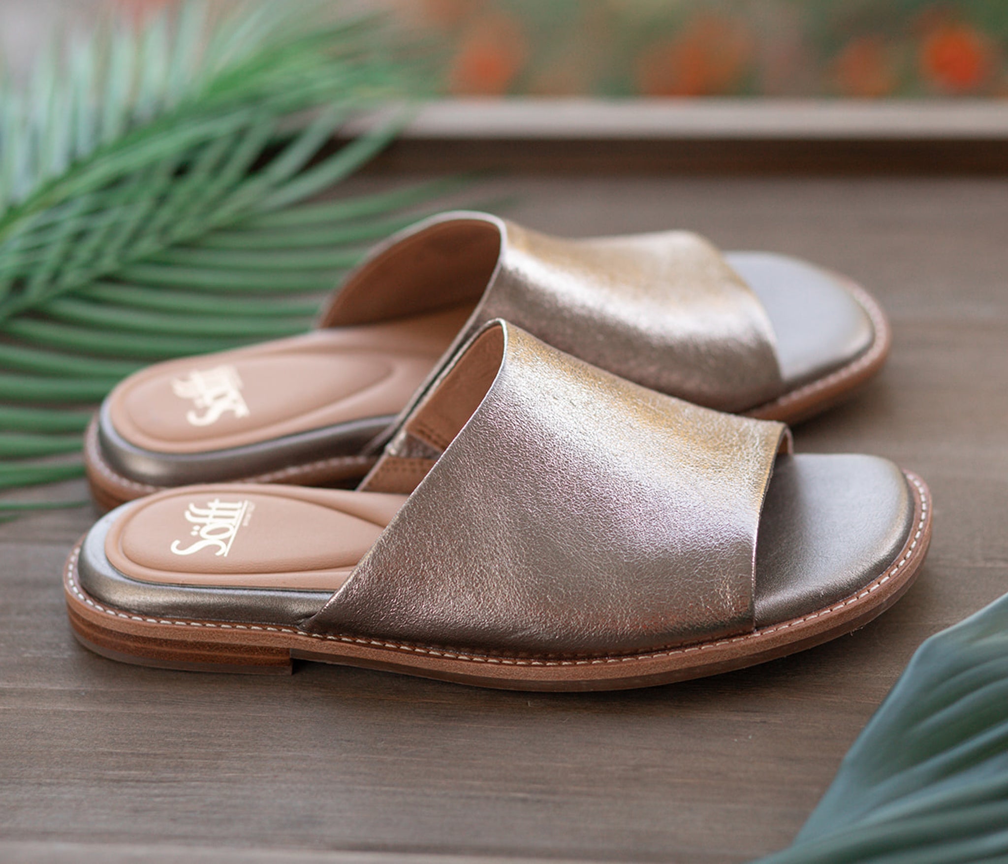 Noble Italian Leather Slide Sandals in Silver Bronze by Sofft Shoes