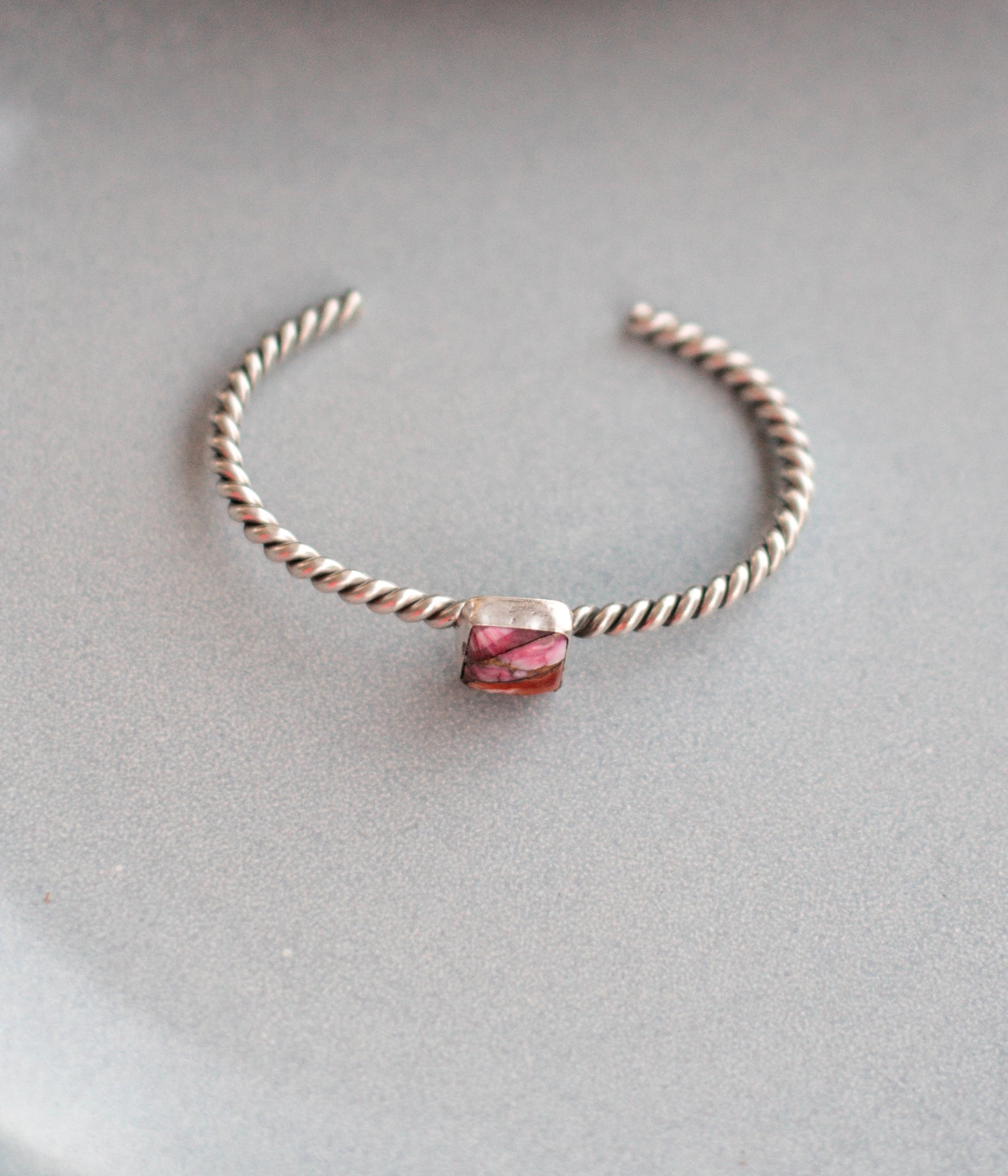 Pink Dahlia Twisted Silver Cuff