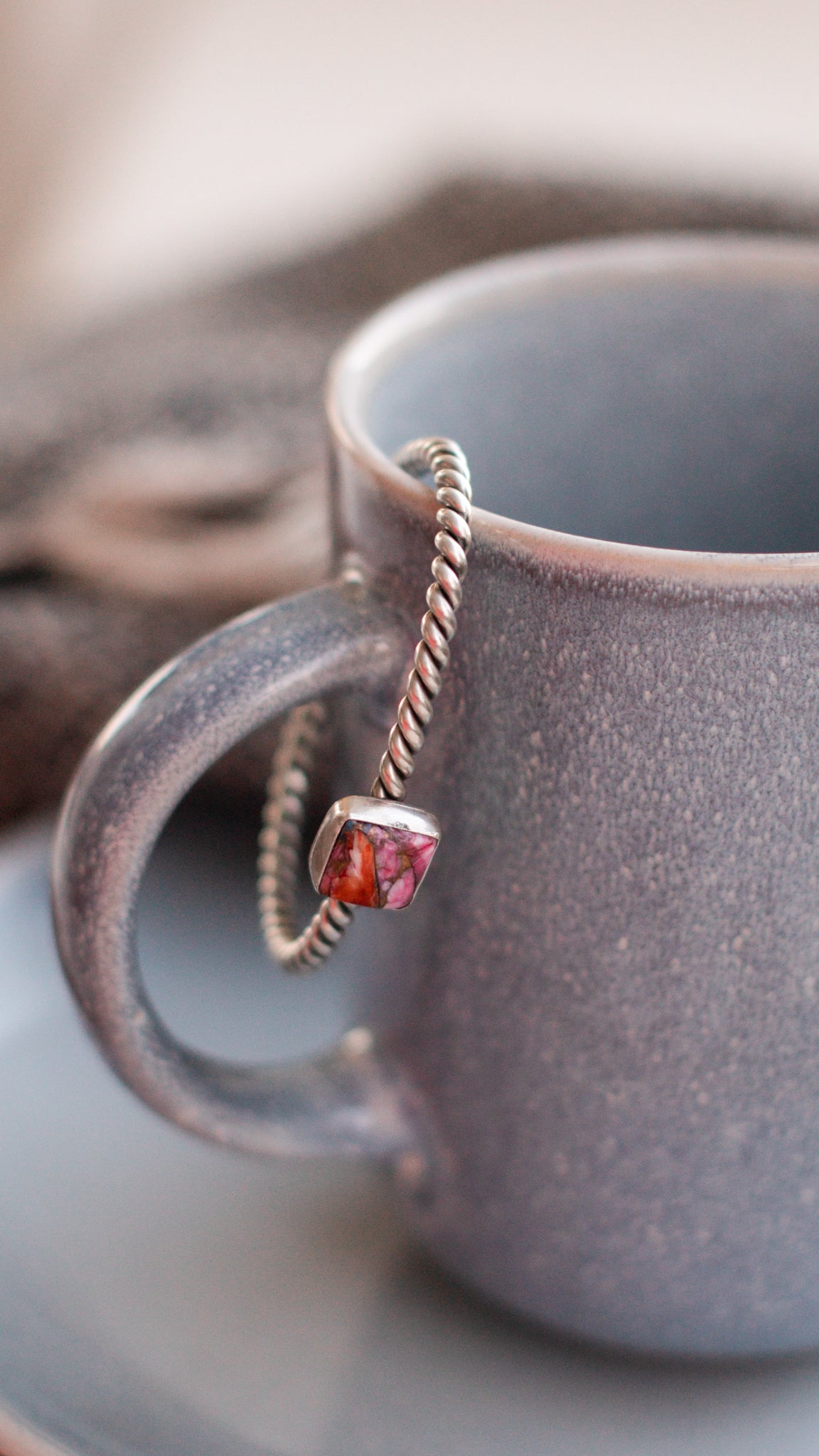 Pink Dahlia Twisted Silver Cuff