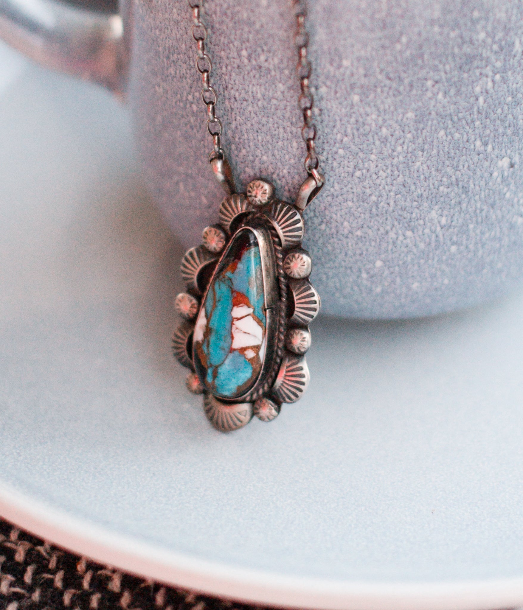 Authentic Onyx, Turquoise and White Buffalo Teardrop Necklace by Navajo Artist