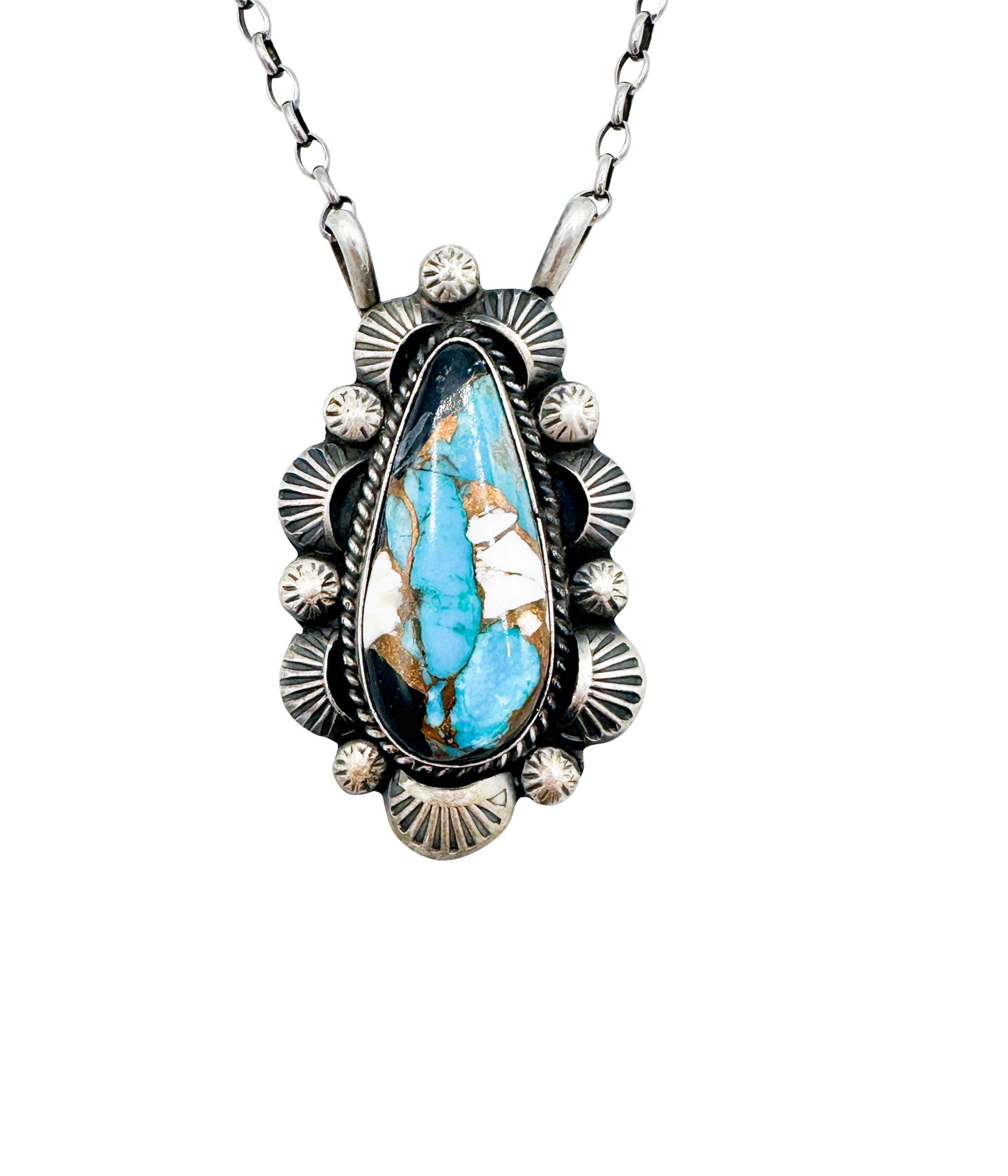 Authentic Onyx, Turquoise and White Buffalo Teardrop Necklace handmade by Navajo Aritsts