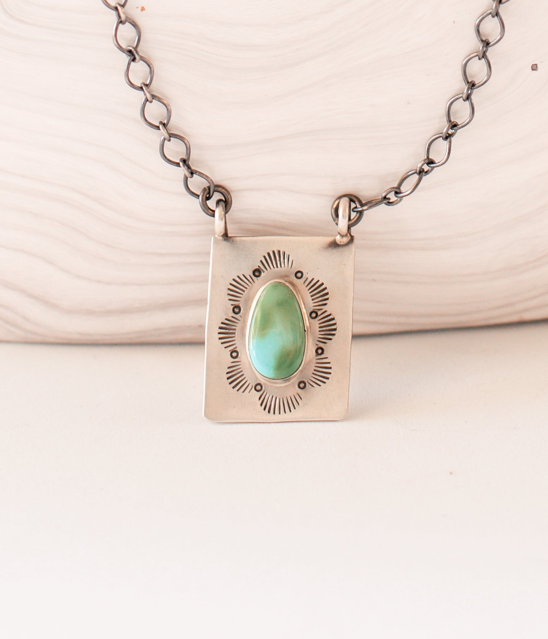 Rectangle Authentic Turquoise Pendant Necklace by Navajo Silversmith